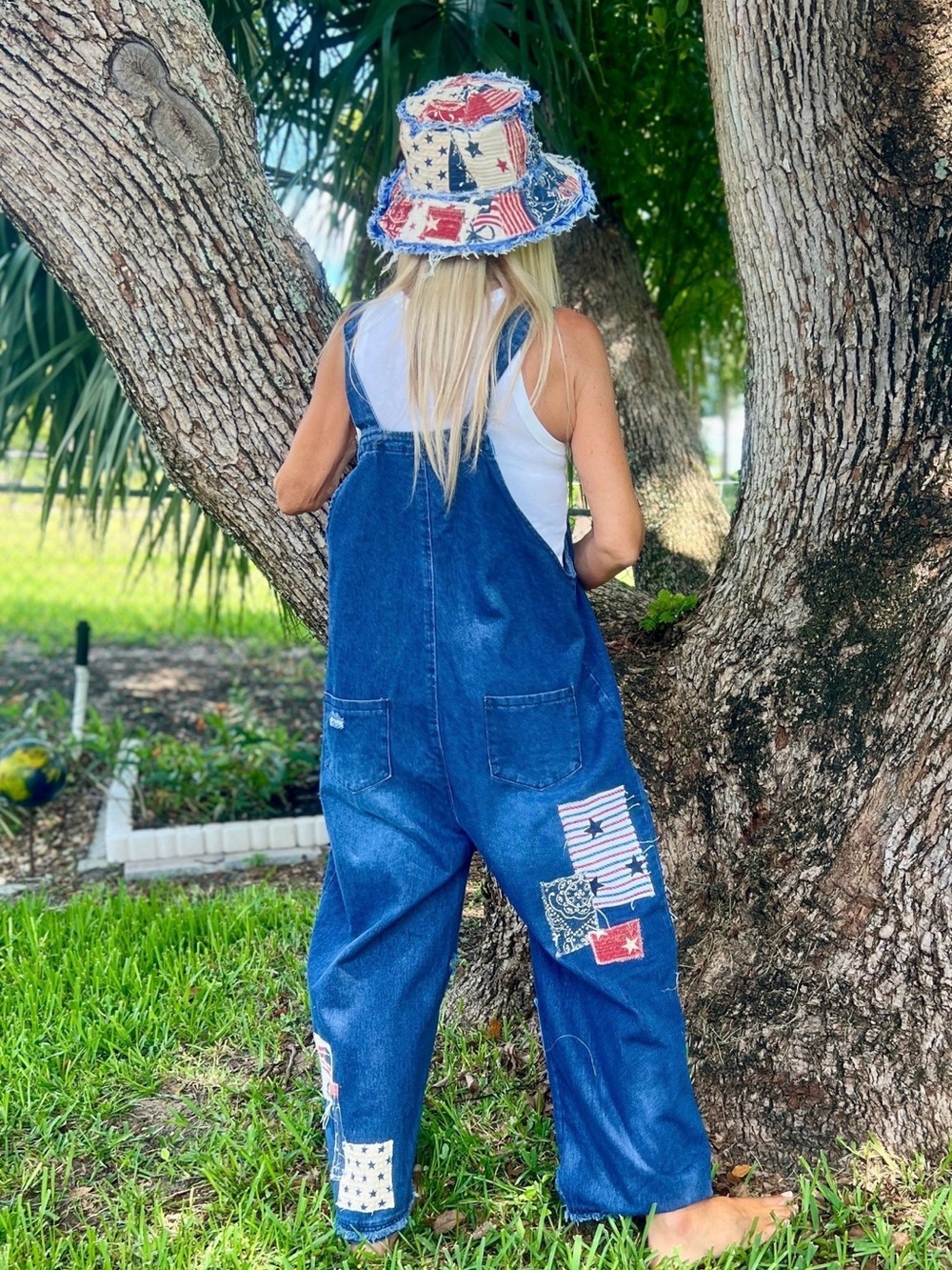 REWORKED Denim Overalls - Blue with Red & White Accents - Picture 2 of 3